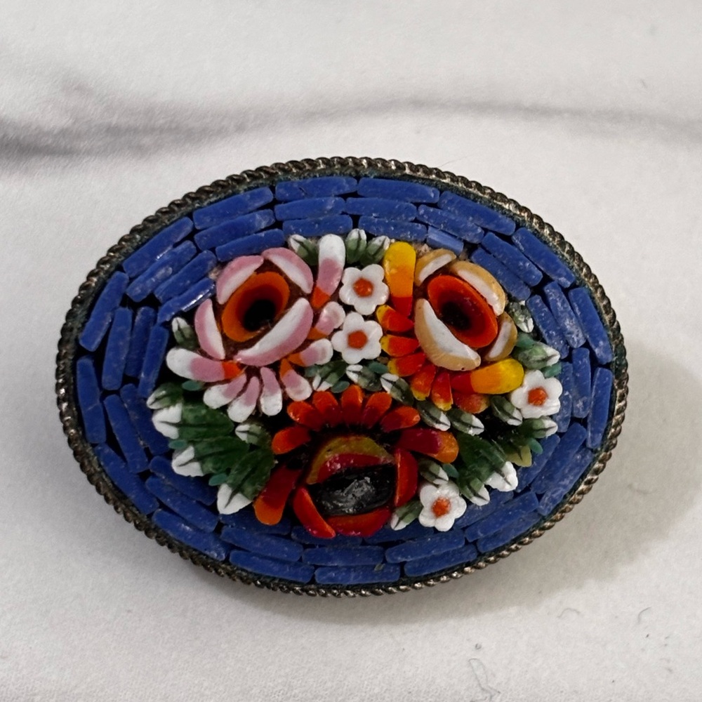 Antique Micro Mosaic Flower Brooch Oval Pin Made In Italy Antique